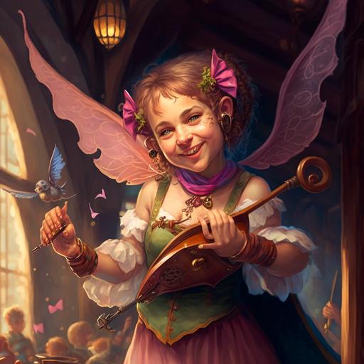 character portrait, female halfling bard, bright colors, dancing, happy, great hall, music, holding a lyre, white and pink lace gloves, birds, butterflies, tavern --v 4