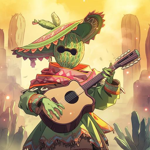character portrait, in the anime style of Akira Toriyama, A Cactus monster bard, outfit is Mexican theme, he is shaking marakas in his hand, mexican village background --niji 5