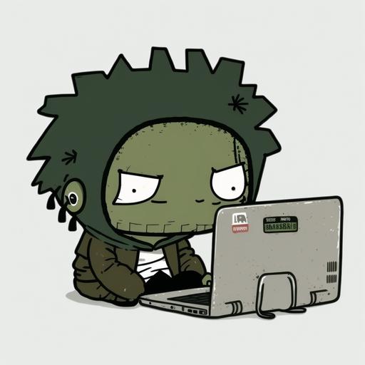 character, shady super coder, iconic, wearing a hoodie, laptop, green, gray, Jean-Michel Basquiat --v 4