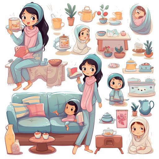 character sheet - of a cute asian mum and daughter wearing hijab in a cosy home living room in kawaii cartoon style - children's illustration - different angles - different poses