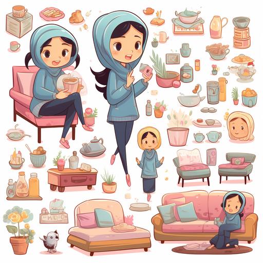 character sheet - of a cute asian mum and daughter wearing hijab in a cosy home living room in kawaii cartoon style - children's illustration - different angles - different poses