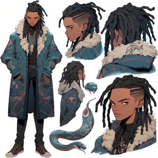 character sheet, full body, young black boy, dark skin, braided hair, big braid, black and blue coat, snake pattern, casual clothes, knives, grainy texture, a character portrait by Victo Ngai, featured on Artstation, in the style of wlop, ilya kuvshinov, tarot card, high detail, art nouveau, vibrant, colorful, macaw, green, orange, bright, molas textiles, moebius, kilian eng, cyberpunk, neon, gold, pink highlights, magic, fantasy, intricate, highly detailed, sorceress, goddess --ar 50:50 --niji 5 --v 5