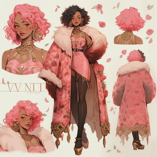 character sheet, full body, young woman, dark warm skin, short curly pink hair, pink dress, tattoos, roses, fur coat, beautiful clothes, gold, , grainy texture, a character portrait by Victo Ngai, featured on Artstation, in the style of wlop, ilya kuvshinov, tarot card, high detail, art nouveau, vibrant, colorful, macaw, green, orange, bright, molas textiles, moebius, kilian eng, cyberpunk, neon, gold, pink highlights, magic, fantasy, intricate, highly detailed, sorceress, goddess --ar 50:50 --niji 5 --v 5