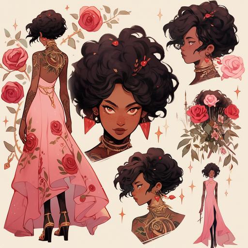 character sheet, full body, young woman, dark warm skin, short curly pink hair, pink dress, tattoos, roses, beautiful clothes, gold, , grainy texture, a character portrait by Victo Ngai, featured on Artstation, in the style of wlop, ilya kuvshinov, tarot card, high detail, art nouveau, vibrant, colorful, macaw, green, orange, bright, molas textiles, moebius, kilian eng, cyberpunk, neon, gold, pink highlights, magic, fantasy, intricate, highly detailed, sorceress, goddess --ar 50:50 --niji 5 --v 5