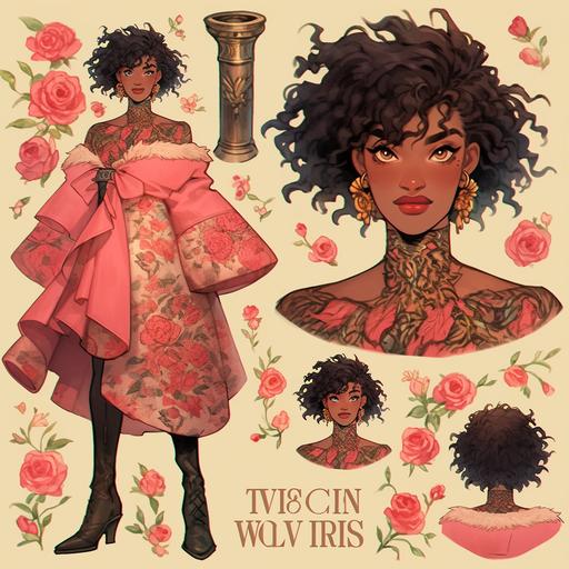 character sheet, full body, young woman, dark warm skin, short curly pink hair, pink dress, tattoos, roses, fur coat, beautiful clothes, gold, , grainy texture, a character portrait by Victo Ngai, featured on Artstation, in the style of wlop, ilya kuvshinov, tarot card, high detail, art nouveau, vibrant, colorful, macaw, green, orange, bright, molas textiles, moebius, kilian eng, cyberpunk, neon, gold, pink highlights, magic, fantasy, intricate, highly detailed, sorceress, goddess --ar 50:50 --niji 5 --v 5