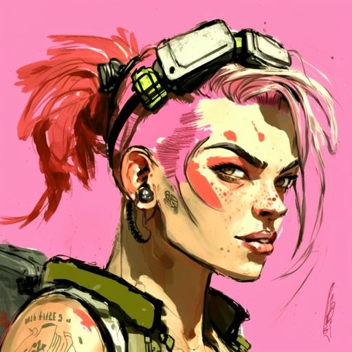 character sketch of milla jovovich as tank girl, long bright pink hair in two pigtails, animation style, action pose