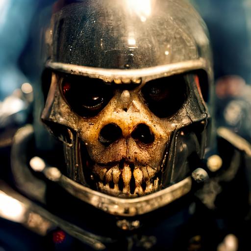 character: space marine wearing black demoic skull mask with sharp silver teeth, black armor, holding machine gun, photo realistic, shallow depth of field