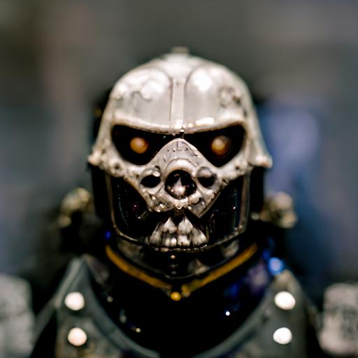 character: space marine wearing black demoic skull mask with sharp silver teeth, black armor, holding machine gun, photo realistic, shallow depth of field