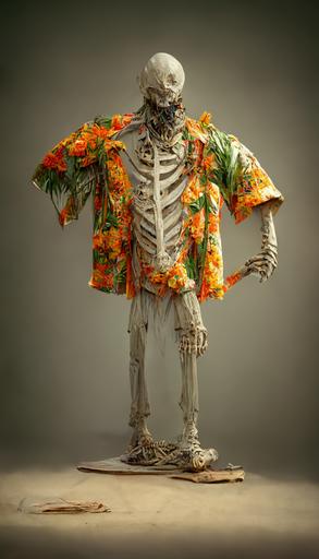 character study, home depot 12 foot skeleton dressed in a hawaiian shirt, 3d, photo realistic, octane render, hdr, 8k, --ar 9:16