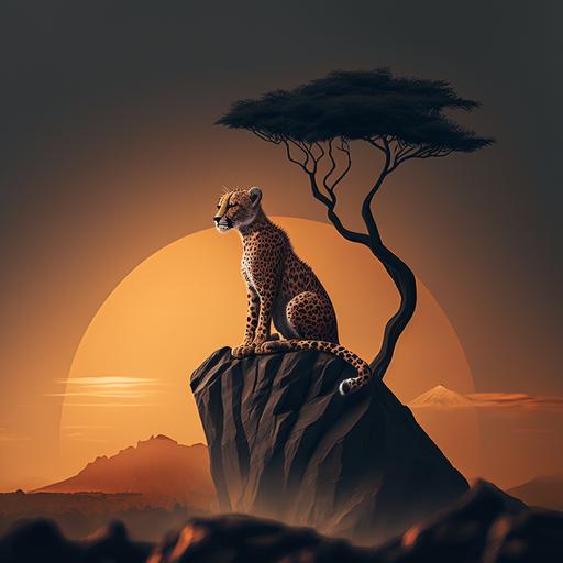 character, vector art, baby cheetah on a rock, sunsent, african land, one tree, minimalistic, 8K, high resolution, beautiful lightning --v 4