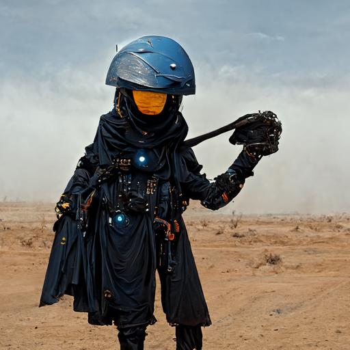 character wearing bicycle helmet, fullbody, gloves on hands, with cratches on the helmet, black and blue leather, cloak, holding a laser rifle, military boots, wearing cap, in desert, hyper detailed, 8k, medium body build