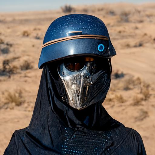 character wearing bicycle helmet, with cratches on the helmet, black and blue leather, cloak, holding a laser rifle, wearing cap, in desert, hyper detailed, 8k, medium body build