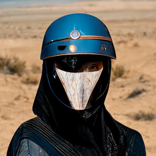 character wearing bicycle helmet, with cratches on the helmet, black and blue leather, cloak, holding a laser rifle, wearing cap, in desert, hyper detailed, 8k, medium body build