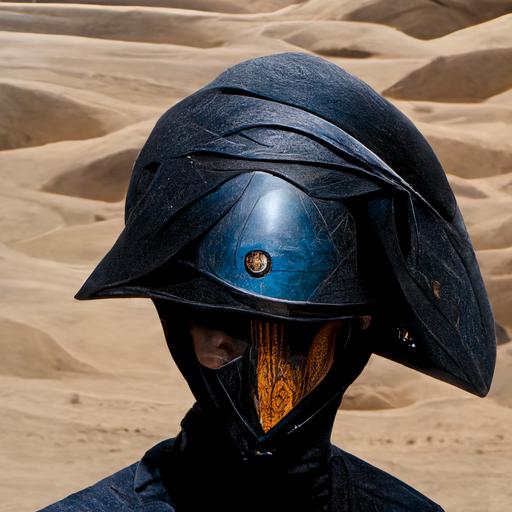 character wearing bicycle helmet, with cratches on the helmet, black and blue leather, cloak, holding a laser rifle, wearing cap, in desert, hyper detailed, 8k, medium body build