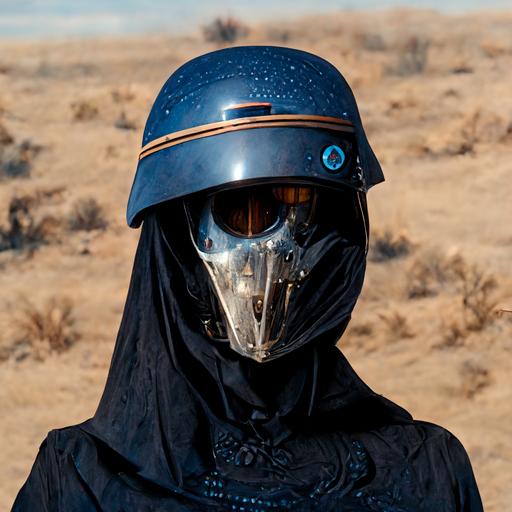 character wearing bicycle helmet, with cratches on the helmet, black and blue leather, cloak, holding a laser rifle, wearing cap, in desert, hyper detailed, 8k, medium body build