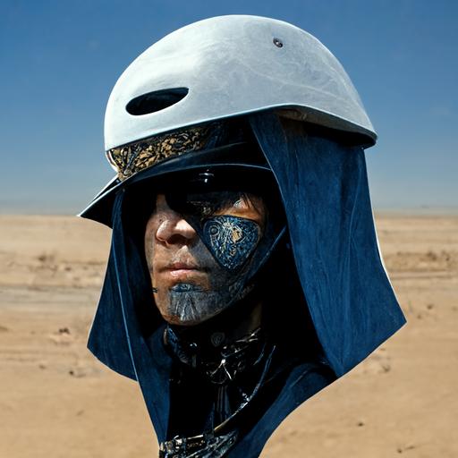 character wearing bicycle helmet, with cratches on the helmet, black and blue leather, cloak, holding a laser rifle, wearing cap, in desert, hyper detailed, 8k, medium body build