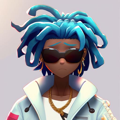 character with blue dreads and sunglasses and white jacket as cool anime HD --niji 4