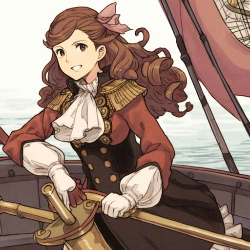 character woman, brown eyes, long brown wavy hair, scholarly attire, fantasy style, naval attire, on a ship, Artwork by Akihiko Yoshida --niji --no blue eyes, deformed mouth, deformed lips, deformed eyes, cross-eyed, deformed iris, deformed hands, lowers, 3d render, cartoon, long body, wide hips, narrow waist, disfigured, ugly, cross eyed, squinting, grain, Deformed, blurry, bad anatomy, poorly drawn face, mutation, mutated, extra limb, ugly, poorly drawn hands, missing limb, floating limbs, disconnected limbs, malformed hands, blur, out of focus, long neck, disgusting, poorly drawn, mutilated, mangled, old, surreal, text, jewelry, earrings
