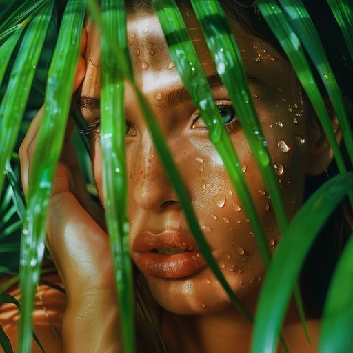 character, woman in in tropical green leaves, only face, her face is on the right of the picture, natural vibe, sweat, drops --v 6.0