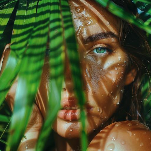 character, woman in in tropical green leaves, only face, her face is on the right of the picture, natural vibe, sweat, drops --v 6.0