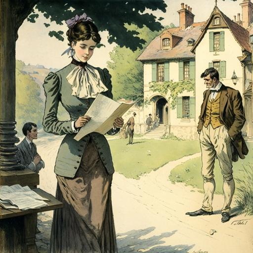 characters, an image of an old French village in the background, in the center of which is the building of a status house, France, 19th century, in the foreground is a young woman in simple clothes standing on a lawn with a bundle of papers in her hands, in front of her is a handsome man lawyer in an expensive suit, with a deep thoughtful look, detailed images of faces, high quality, ultra-realistic photo