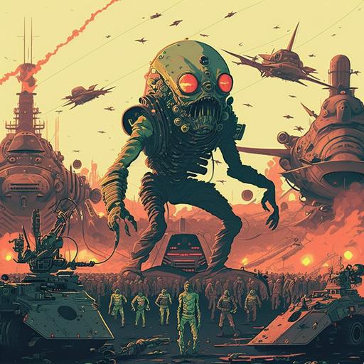 characters illustration When an army of invading Martians lands in England, panic and horror grip the population. While aliens traverse the country in huge three-legged machines, incinerating everything in their path with a heat beam and spreading poisonous poisonous gases, earthlings must come to terms with the prospect of the end of human civilization and the beginning of Martian rule.,beautiful and highly detailed digital painting illustration, beautiful lighting, intricate details