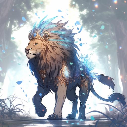 characters, majestic lion with a crown walking down the path, fullbody --niji 5