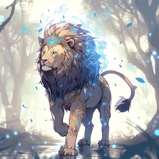 characters, majestic lion with a crown walking down the path, fullbody --niji 5