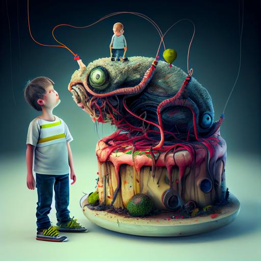 two characters, the organic strange trippy birthday cake with a bio-energy plant inside and a smart big very fat mature boy dressed in a t-shirt spilled by red juice, the cake and the boy are connected together by organic wires, the energy flows by wires to the boy, photorealistic   intricate details   ultra high definition   super-resolution, --v 4 --upbeta