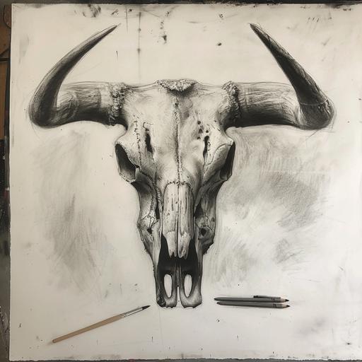 charcoal drawing of a bull head skull