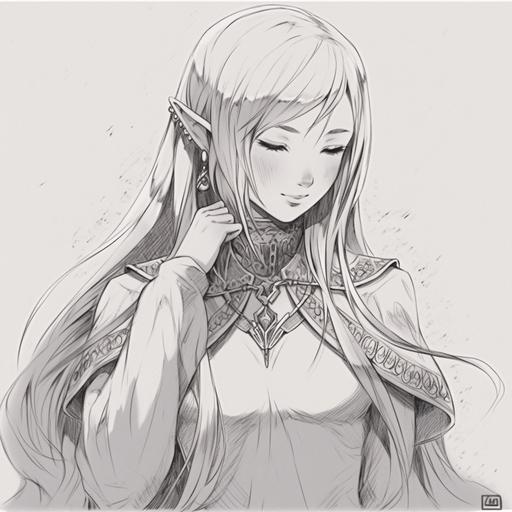 charcoal pencil sketch of a beautiful elven woman with flowing hairs, she is wearing a medieval dress and a magical crown. Pencil lineart. 4k, --niji 5 --c 10 --stylize 700 --style original --ar 1:1