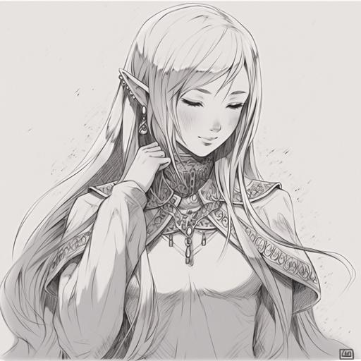 charcoal pencil sketch of a beautiful elven woman with flowing hairs, she is wearing a medieval dress and a magical crown. Pencil lineart. 4k, --ar 1:1 --niji 5 --c 10 --stylize 700 --style original