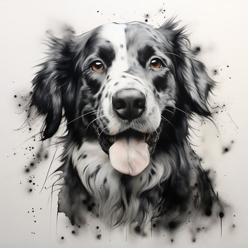 charcoal picture. A jock russell dog with little hair. white with spots in face. full body. abstract. hyperrealistic.