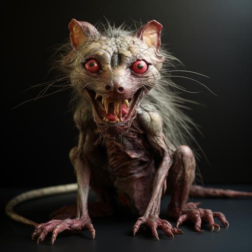 charcuterie of a cat-rat hybrid with red colored eyes and elongated claws