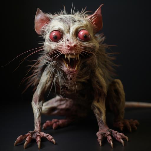 charcuterie of a cat-rat hybrid with red colored eyes and elongated claws