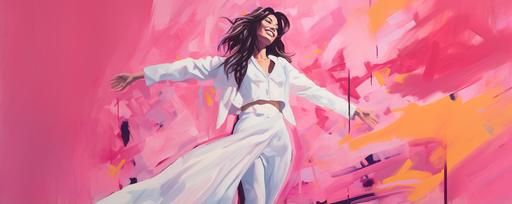 cheeky girl in a long white dress, pink jacket, black boots, playfully winks and smiles, neon background --ar 1920:768