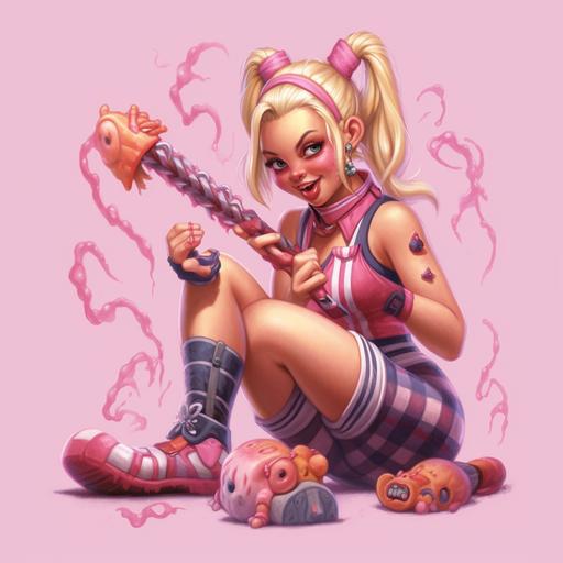 cheerleader girl in pink with blonde braids short skirt striped socks holding a chainsaw and a licking a lollipop