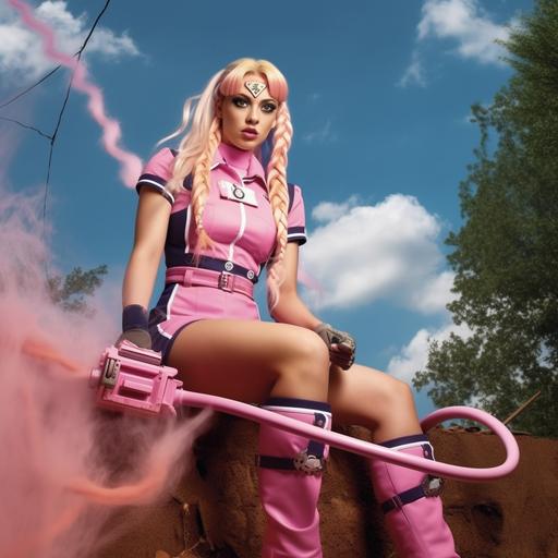 cheerleader girl in pink with blonde braids short skirt holding a chainsaw
