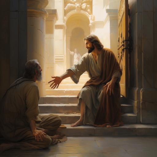 peter in the bible reached out and took the crippled man's hand seating by the gate of the temple , lifting him up.