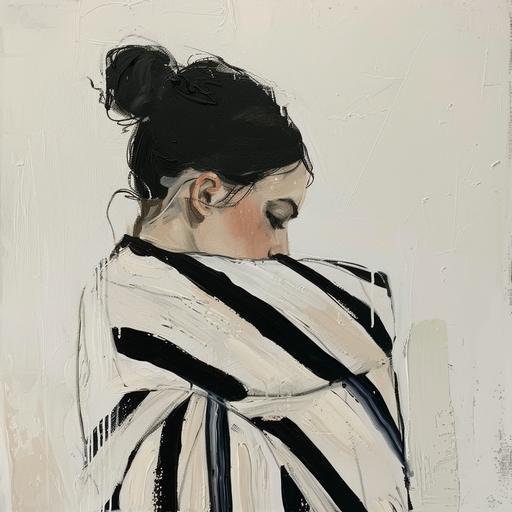 minimalist painting of woman face and ful body with black hair in bun wearing striped cape, the body to the knees which are embraced by her arms, the face is in profile, white background, oil paint abstract art by Sofia Lind