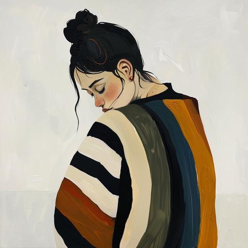 minimalist painting of woman with black hair in bun wearing striped cape, the body to the knees which are embraced by her arms, the face is in profile, white background, oil paint abstract art by Sofia Lind