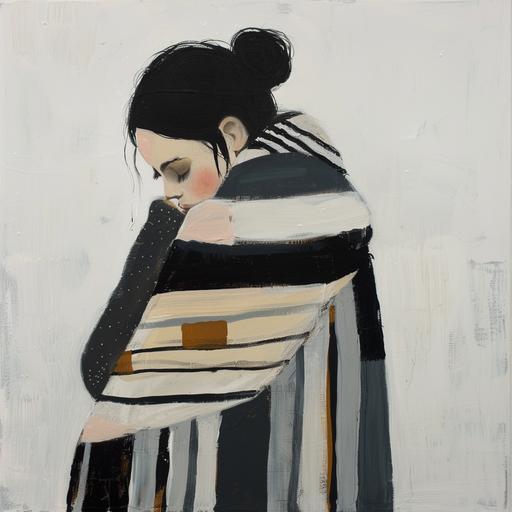 minimalist painting of woman with black hair in bun wearing striped cape, the body to the knees which are embraced by her arms, the face is in profile, white background, oil paint abstract art by Sofia Lind