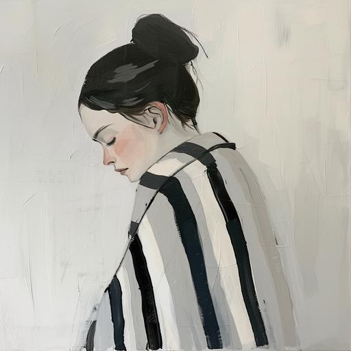 minimalist painting of woman with black hair in bun wearing striped cape, the body to the knees which are embraced by her arms, the face is in profile, white background, oil paint abstract art by Sofia Lind