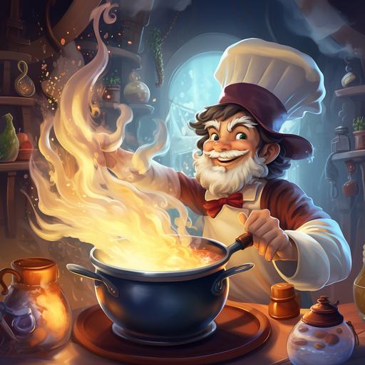 chef adding a magic ingredient in a soup in cartoon theme