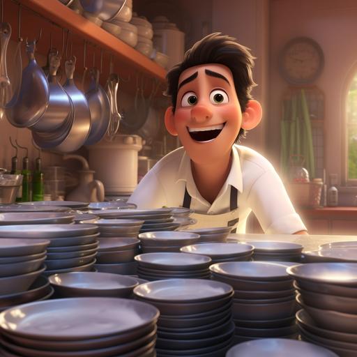 chef washing dishes, full pile of dishes, sink and dishwash background, happy, cinematic, ultra realistic, 4k, tap running water, pixar, disney, cartoon