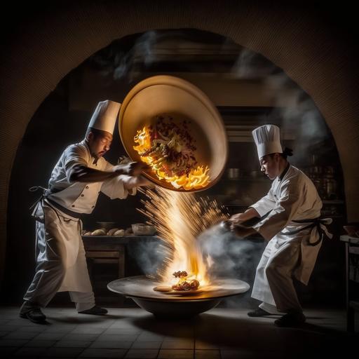 chefs making food, wok, wok tossing, wok flame, intense movement, 4k, 85-mm-lens, sharp-focus, intricately-detailed, long exposure time, f/8, ISO 100, shutter-speed 1/125, diffuse-back-lighting, award-winning photograph, facing-camera, looking-into-camera, monovisions, elle, small-catchlight, low-contrast, High-sharpness, depth-of-field, ultra-detailed photography, HDR, 8k --q 2 --v 4