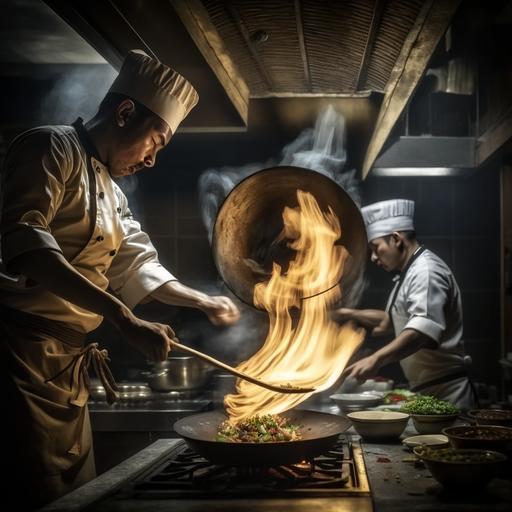 chefs making food, wok, wok tossing, wok flame, intense movement, 4k, 85-mm-lens, sharp-focus, intricately-detailed, long exposure time, f/8, ISO 100, shutter-speed 1/125, diffuse-back-lighting, award-winning photograph, facing-camera, looking-into-camera, monovisions, elle, small-catchlight, low-contrast, High-sharpness, depth-of-field, ultra-detailed photography, HDR, 8k --q 2 --v 4