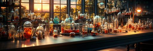 chemistry lab supplies 3d cartoon, Extremely detailed, Extremely photorealistic, Real photography, 32000px, 32k, Sony alpha 7R --ar 3:1 --stylize 1000