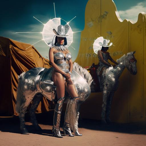 Fashion photography, film format, metal retro future style, the future western desert covered with cacti and billboards under the scorching sun, western cowboy style, singer beyonce's cowboy style visual style, gold mirror chrome-plated metal, two mechanical horses opposing each other pulling a mechanical Jeans, HD Realistic Textures, Ultra Wide Angle, Strong Perspective, Sci Fi, Cinematic Lighting