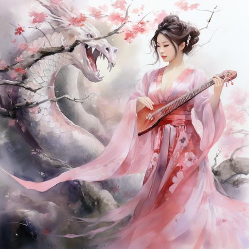 cherry bloom symphonic, watercolor, bamboo forest, asian girl dance with dragon